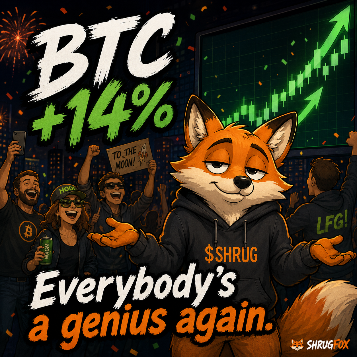 ShrugFox watches traders celebrate a Bitcoin rally